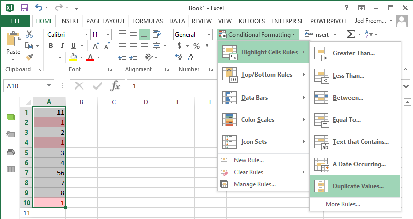 Excel Highlight Duplicate Values